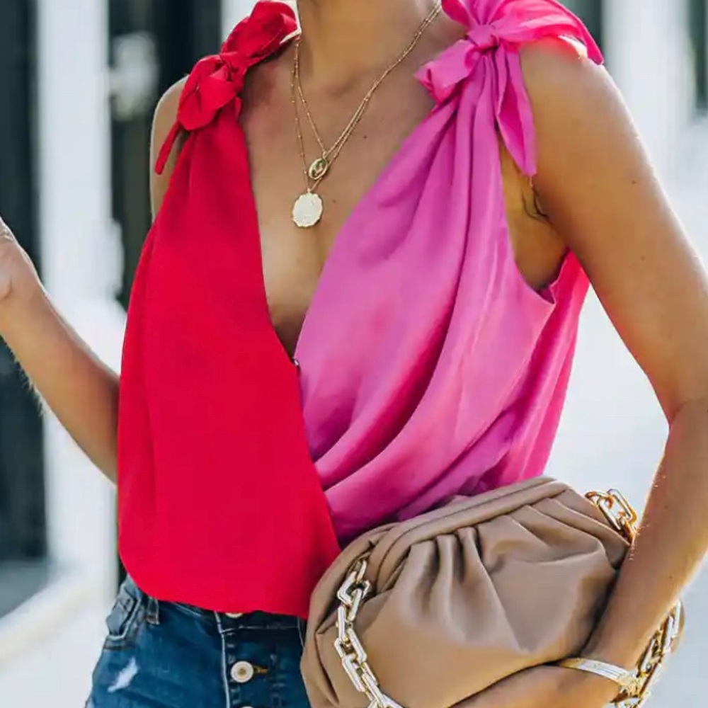Satin draped color block bodysuit